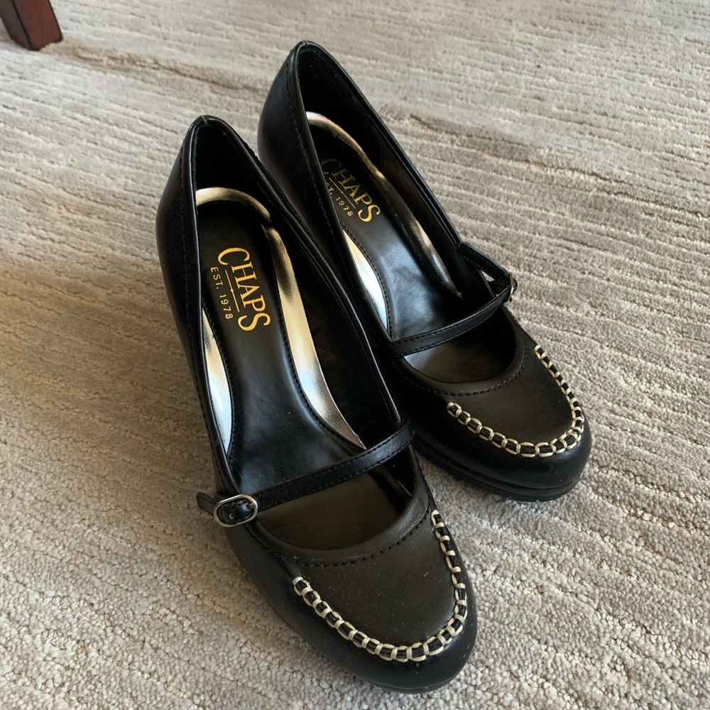 Chaps Mary Janes, Wedges -  Black with Gold Detail